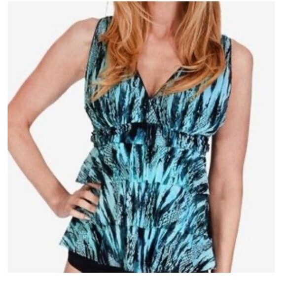 Mazu, Blue Green‎ Striped Swim Top with Tiered Overlay on Front Size, size 12 - Picture 1 of 7